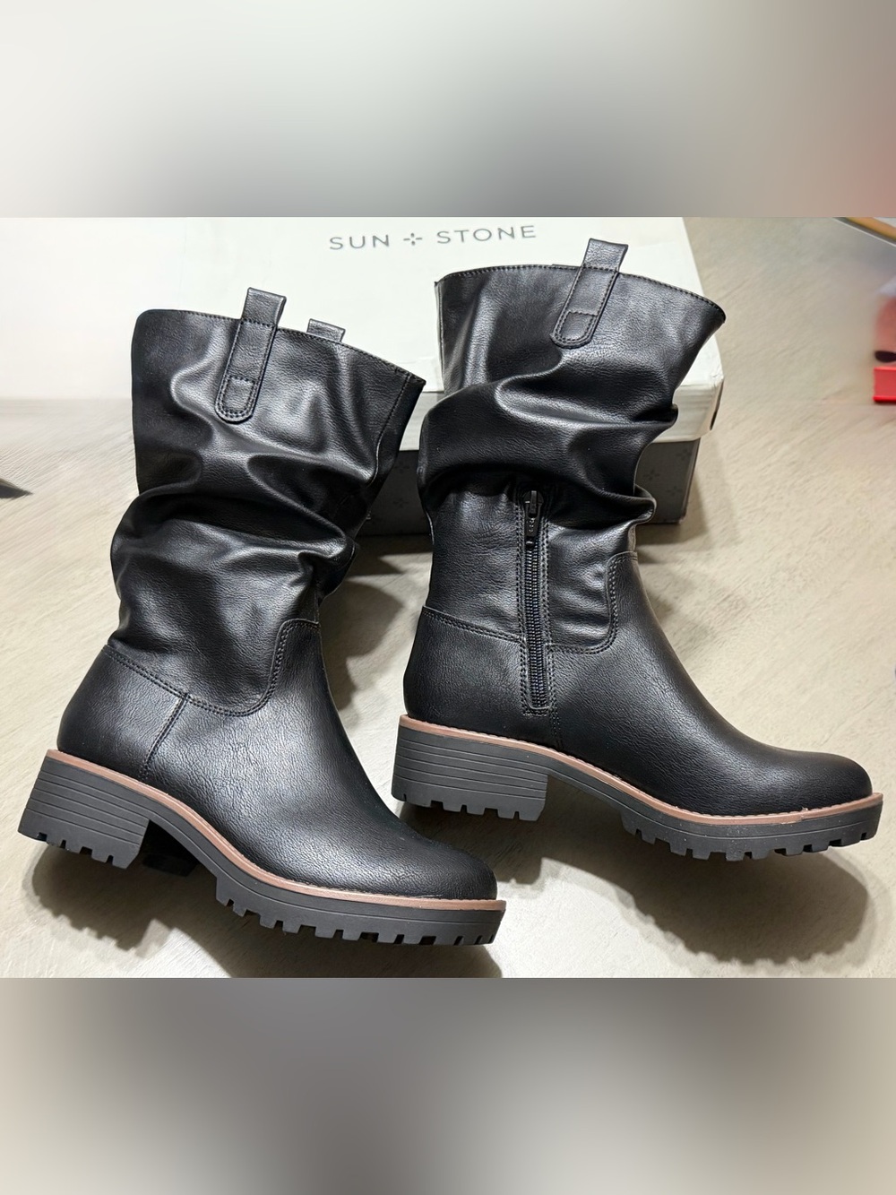 Sun+Stone Black Mid-Calf Lug Slouch Boot Size 5